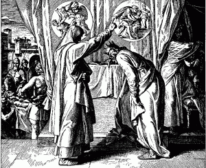 נתן הנביא מוכיח את דויד המלך, יוליוס שנור פון קרולספלד, חיתוך עץ, המאה ה-19.
© Courtesy of the World Mission Collection
 