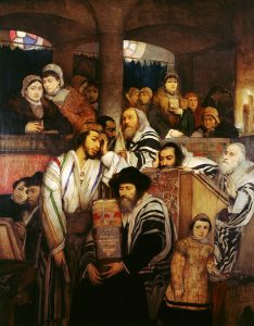 יהודים מתפללים בבית הכנסת ביום הכיפורים.
שמן על בד, 245x192. אוסף מוזיאון תל אביב לאומנות, מתנת סידני למון, ניו יורק, 1955